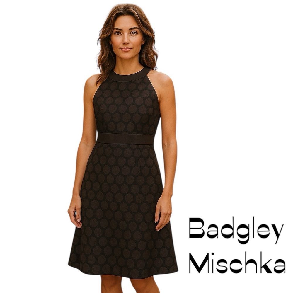 Badgley Mischka Black Brown Polka Dot Designer Luxury Dress Size S